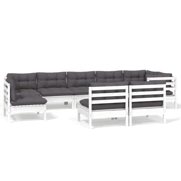 9 pcs conj. lounge de jardim c/ almofadões pinho maciço branco - Image 2