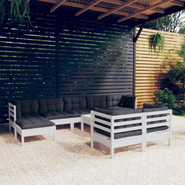 10 pcs conj. lounge de jardim c/ almofadões pinho maciço branco