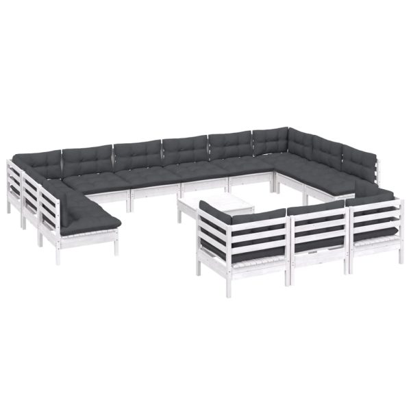 14 pcs conjunto lounge de jardim c/ almofadões pinho branco - Image 3