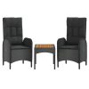3 pcs conjunto lounge de jardim c/ almofadões vime PE preto - Image 2