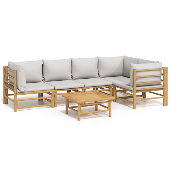 6 pcs conj. lounge de jardim bambu c/ almofadões cinzento-claro - Image 2
