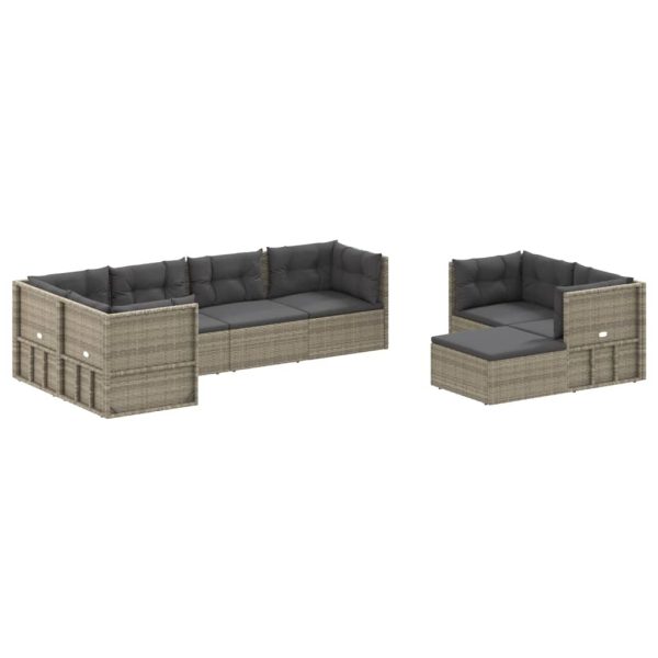 8 pcs conjunto lounge de jardim c/ almofadões vime PE cinzento - Image 3