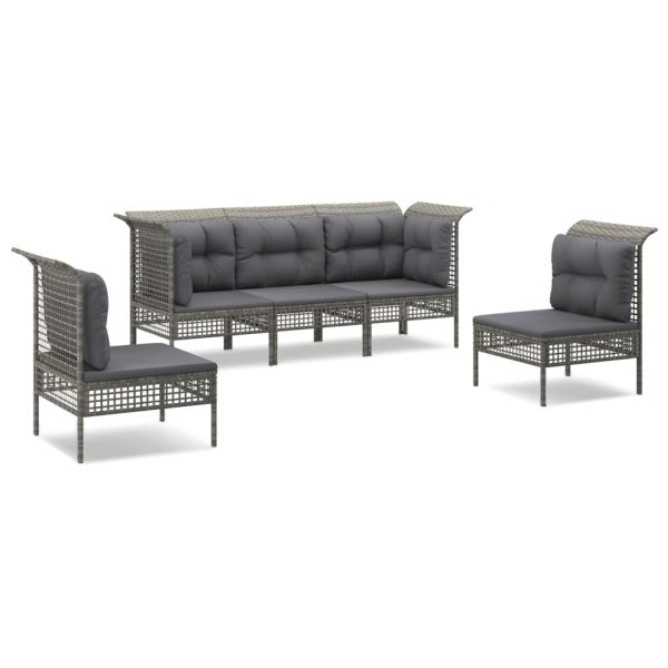 5 pcs conjunto lounge de jardim c/ almofadões vime PE cinzento - Image 2