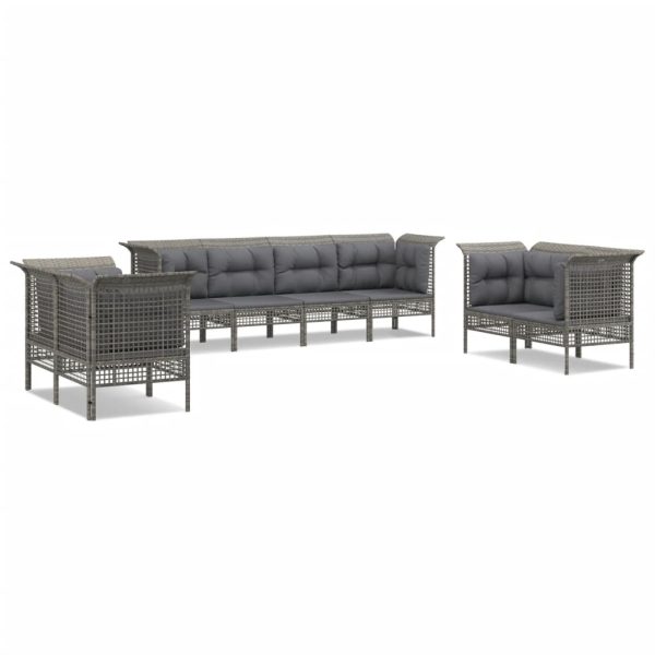 8 pcs conjunto lounge de jardim c/ almofadões vime PE cinzento - Image 2