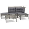 5 pcs conjunto lounge de jardim c/ almofadões vime PE cinzento - Image 2