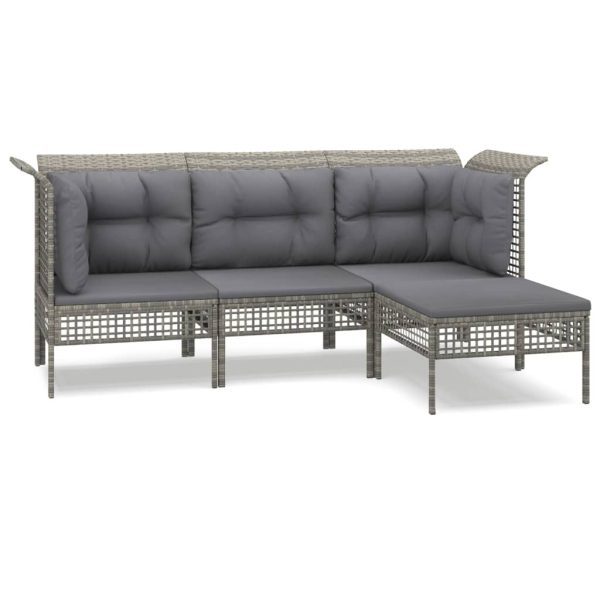 4 pcs conjunto lounge de jardim c/ almofadões vime PE cinzento - Image 2