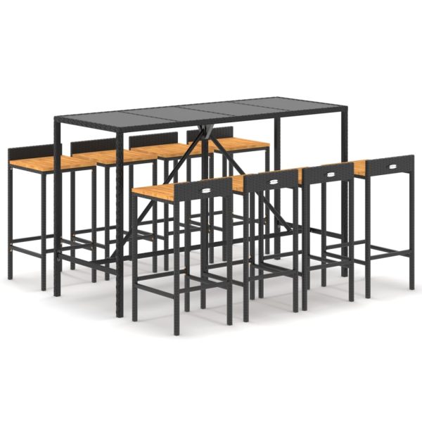 9 pcs conjunto de bar p/ jardim vime PE/acácia maciça preto - Image 2