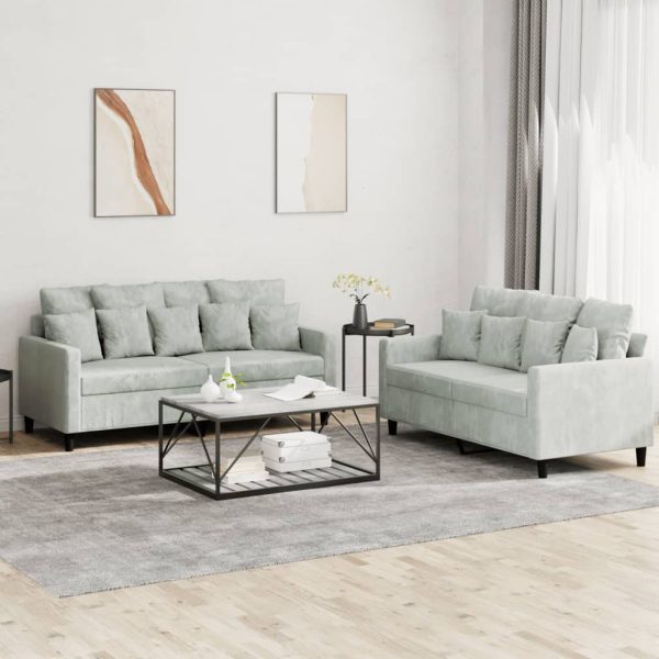 2 pcs conjunto de sofás com almofadões veludo cinzento-claro
