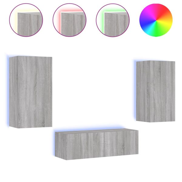 3 pcs móveis de parede para TV com luzes LED cinzento sonoma - Image 2