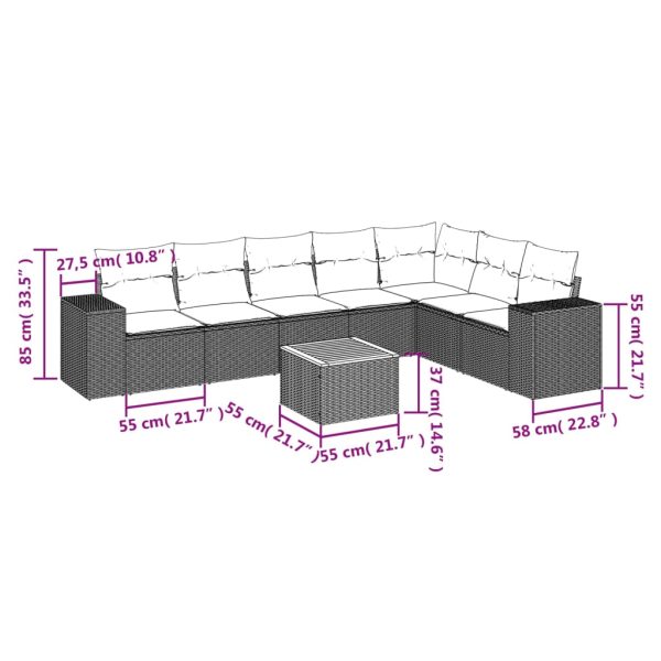 8 pcs conjunto sofás de jardim com almofadões vime PE preto - Image 3