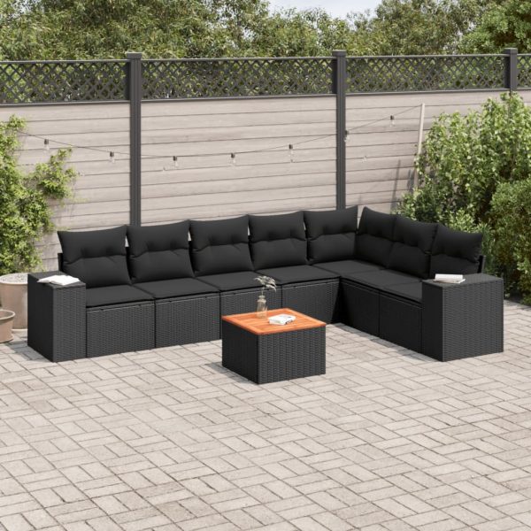 8 pcs conjunto sofás de jardim com almofadões vime PE preto