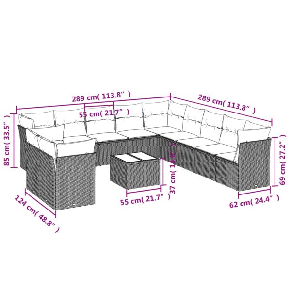 12 pcs conjunto de sofás de jardim c/ almofadões vime PE preto - Image 3