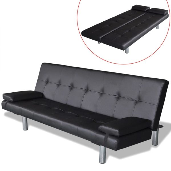 Sofa-cama ajustável com 2 almofadas couro artificial preto