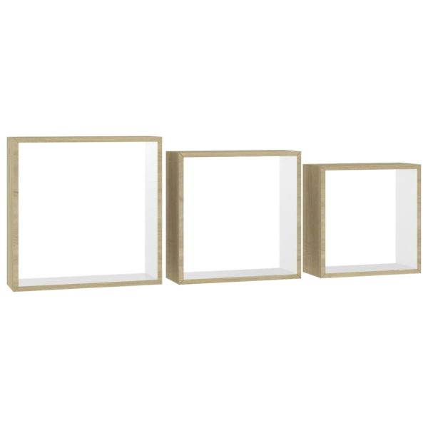 Prateleiras parede forma de cubo 3pcs cm branco/carvalho sonoma - Image 2