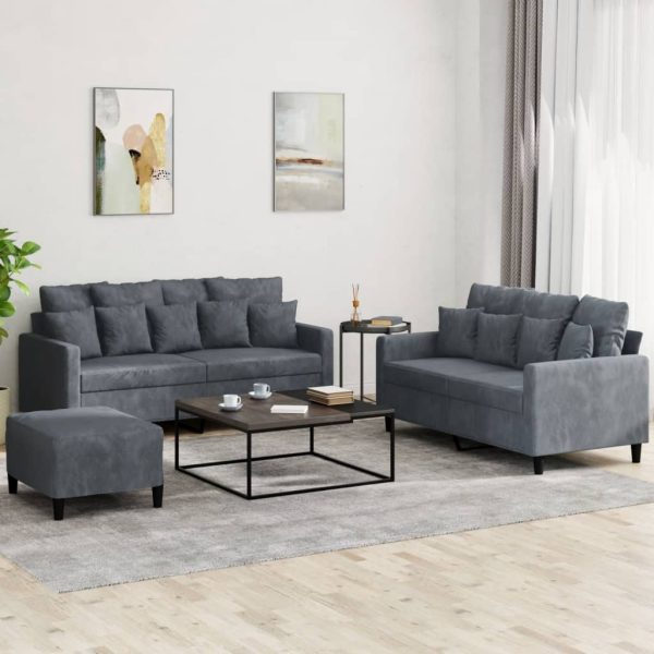 3 pcs conjunto de sofás com almofadões veludo cinzento-escuro