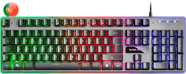 Mars Gaming Teclado Gaming MK220 - Tecnologia H-MECH - Iluminacion FRGB Rainbow - Panel de Aluminio - Base de ABS Reforzado - Portugues - Color Negro