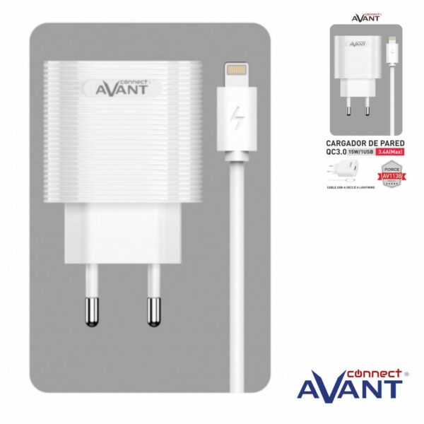 CARGADOR DE CORRIENTE AVANT CONNECT USB 15W QC3.0 + CABLE LIGHTNING - CARGA RAPIDA