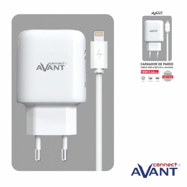 CARGADOR DE CORRIENTE AVANT USB QC3.0 + PD (TIPO C) 18W 3.4A + CABLE LIGHTNING - CARGA RAPIDA