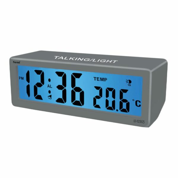 DESPERTADOR SAMI LCD - PARLANTE CASTELLANO - TERMO - PLATA OSC