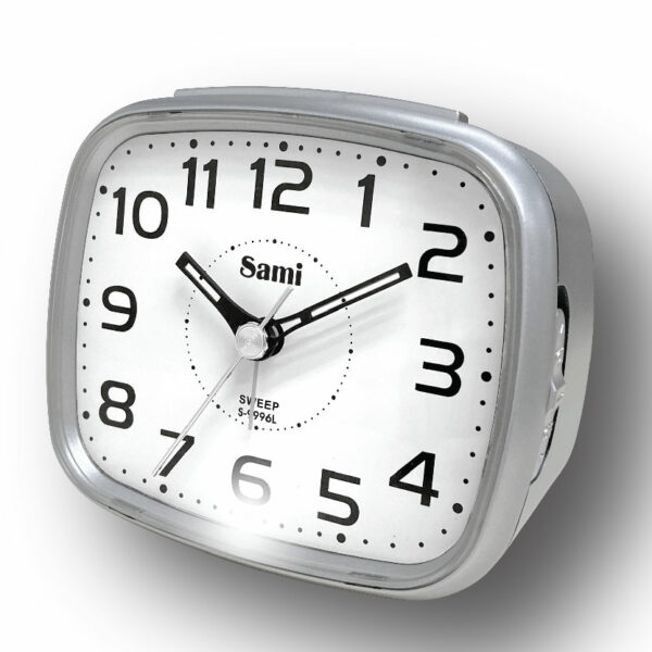DESPERTADOR SAMI MED.ESF. BCA. C/NUMEROS LUZ SUPEPRLED PLATA