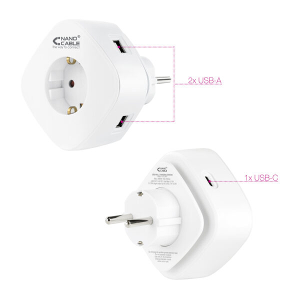 Cargador usb nanocable con enchufe integrado 2 usb - a 1 usb - c
