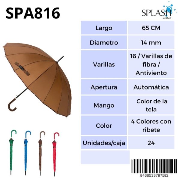 PARAGUAS SPLASH SRA LARGO 16V ANTIVIENTO LISO+CUAD COLORES MANGO COL