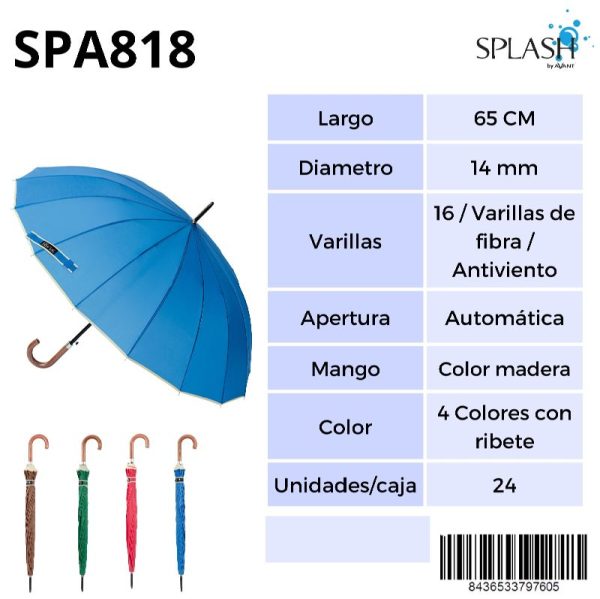 PARAGUAS SPLASH SRA LARGO 16V ANTIVIENTO LISO COLORES+BORDE