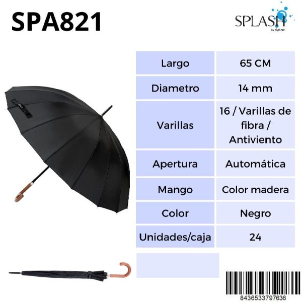 PARAGUAS SPLASH CAB LARGO 16V ANTIVIENTO NEGRO