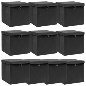 Caixas de arrumação com tampas 10 pcs 32x32x32 cm tecido preto
