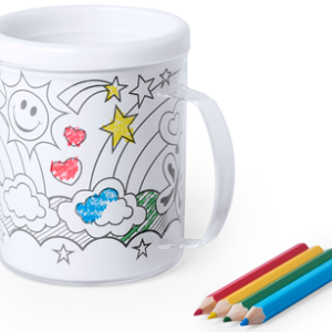 TAZA PARA COLOREAR 320 ML + 4 LÁMINAS + LÁPICES