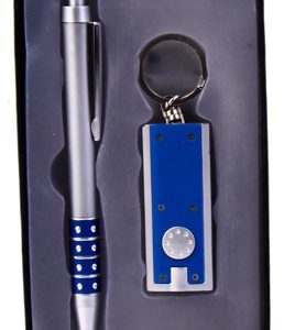 SET BOLIGRAFO + LLAVERO LINTERNA LED ESTUCHE AZUL