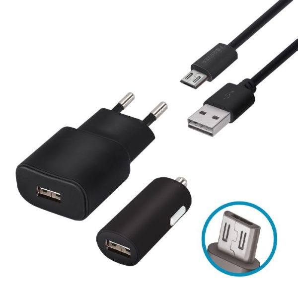 CARGADOR USB FOREVER 1A + CARG. COCHE 1A + CABLE MICRO USB