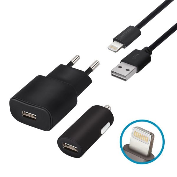 CARGADOR USB FOREVER 1A + CARG. COCHE 1A + CABLE LIGHTNING