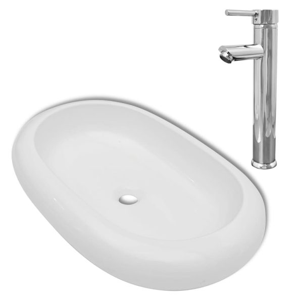 Lavatório com torneira misturadora cerâmica oval branco - Image 2