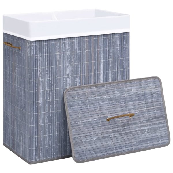 Cesto para roupa suja c/ 2 secções 100 L bambu cinzento - Image 3