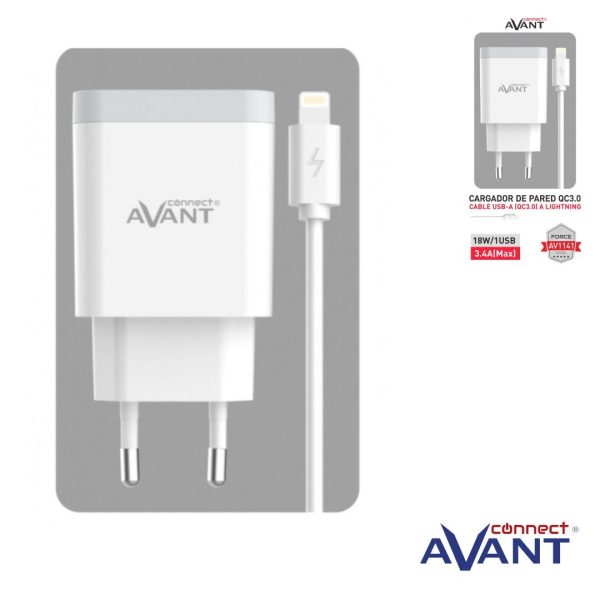 CARGADOR DE CORRIENTE AVANT CONNECT USB 18W 3.4A QC3.0 + CABLE LIGHTNING - CARGA RAPIDA