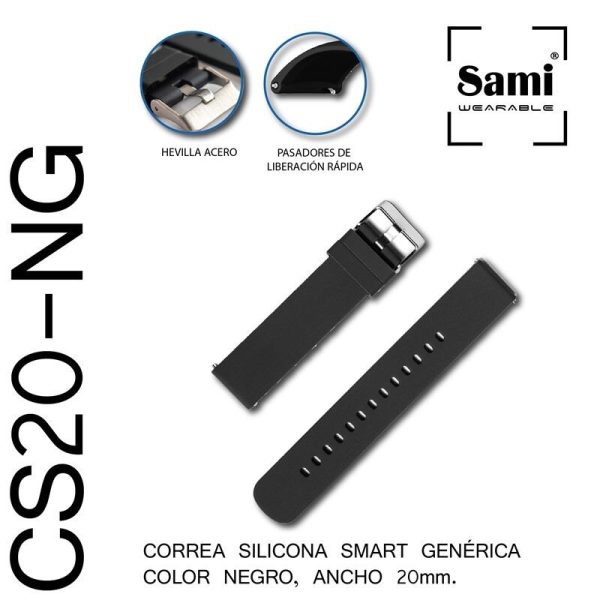CORREA SILICONA 20MM NEGRO PASADOR SMARTWATCH ***