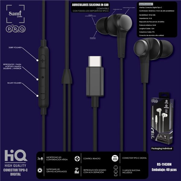 AURICULAR SAMI PRO NEGRO CONECTOR TIPO C DIGITAL