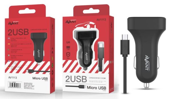 CARGADOR AVANT DE COCHE 2.4A - 2PUERTOS + CABLE MICRO USB NEGRO - Image 2