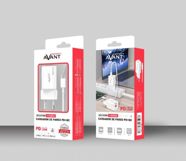 CARGADOR DE CORRIENTE AVANT CONNECT QC3.0 + PD (TIPO C) 20W GaN + CABLE PD TIPO C 1M
