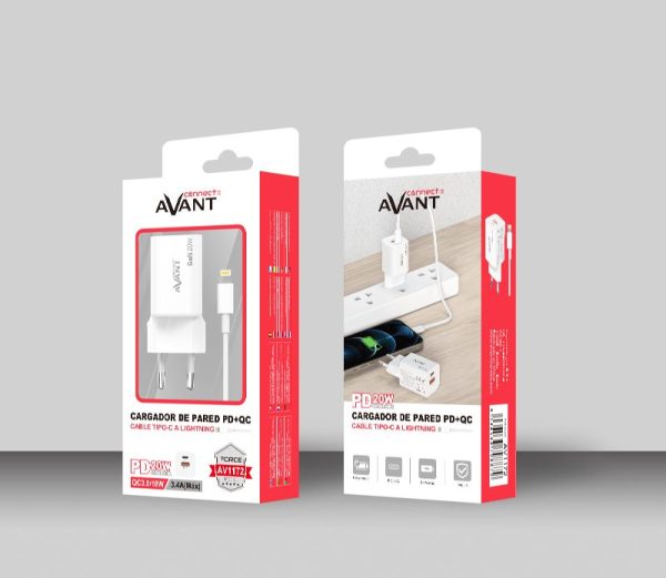 CARGADOR DE CORRIENTE AVANT CONNECT QC3.0 + PD (TIPO C) 20W GaN + CABLE PD LIGHTNING 1M