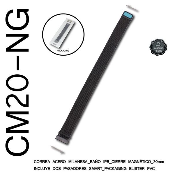 CORREA 20MM ACERO MILANESA MAGNETICO NEGRO 2 PASADORES