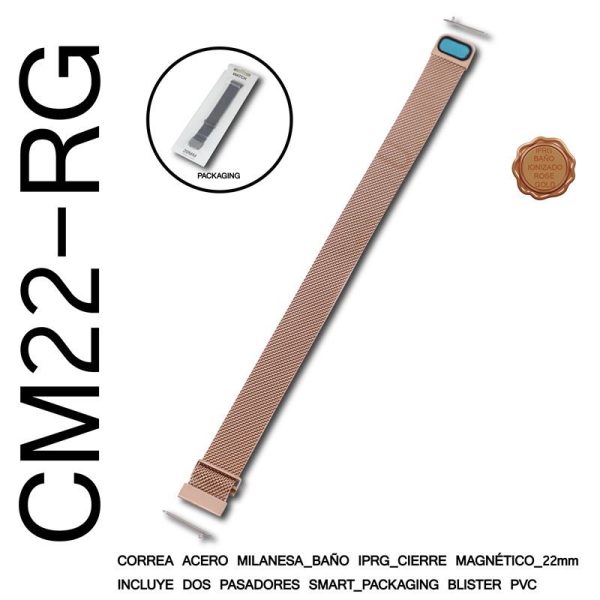 CORREA 22MM ACERO MILANESA MAGNETICO ROSE GOLD 2 PASADORES