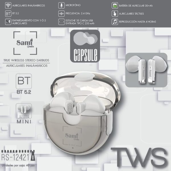 AURICULAR SAMI CAPSULE TWS 30MAH C/CARGADOR 250MAH - Image 2