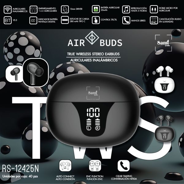 AURICULAR SAMI AIR BUDS SILICONA TWS LCD DUAL 35mAh NEGRO - Image 2