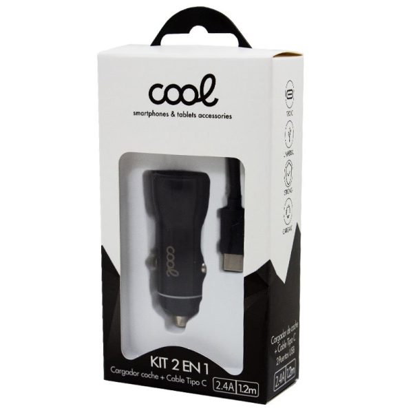 Cargador Coche Cable Tipo C (2 x Usb) COOL 2.4A Kit 2 en 1 Negro - Image 3