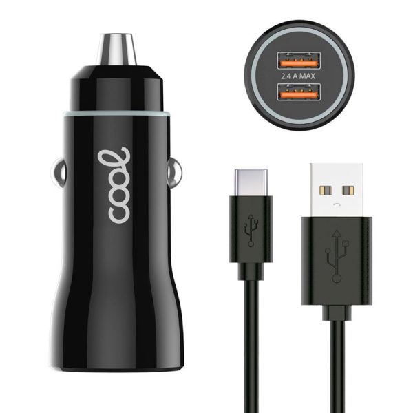 Cargador Coche Cable Tipo C (2 x Usb) COOL 2.4A Kit 2 en 1 Negro