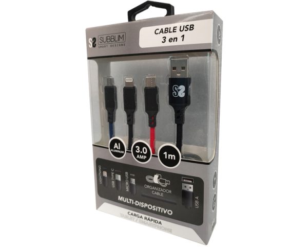 CABLE 3EN1 MICRO USB/TYPE C/LIGHTNING 3.0 1 M NEGRO SUBBLIM