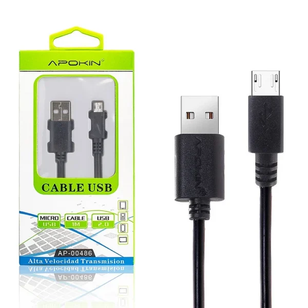 Cable de Datos y Carga APOKIN USB 2.0 a Micro USB 1m Negro