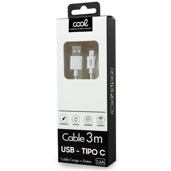 Cable USB Compatible COOL Universal TIPO-C (3 metros) Blanco 2.4 Amp - Image 2